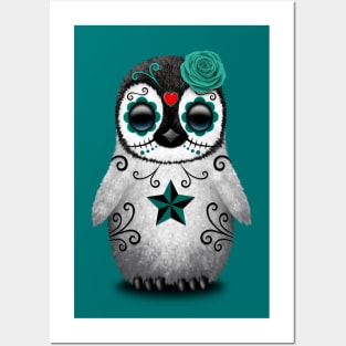 Teal Blue Day of the Dead Sugar Skull Penguin Posters and Art